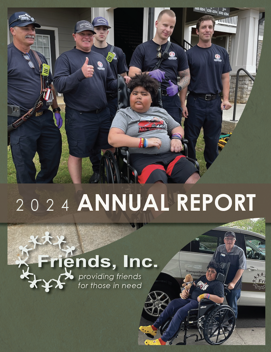 2024 Annual Report Cover Firefighters standing behind boy in wheelchair and volunteer standing behind boy in wheelchair